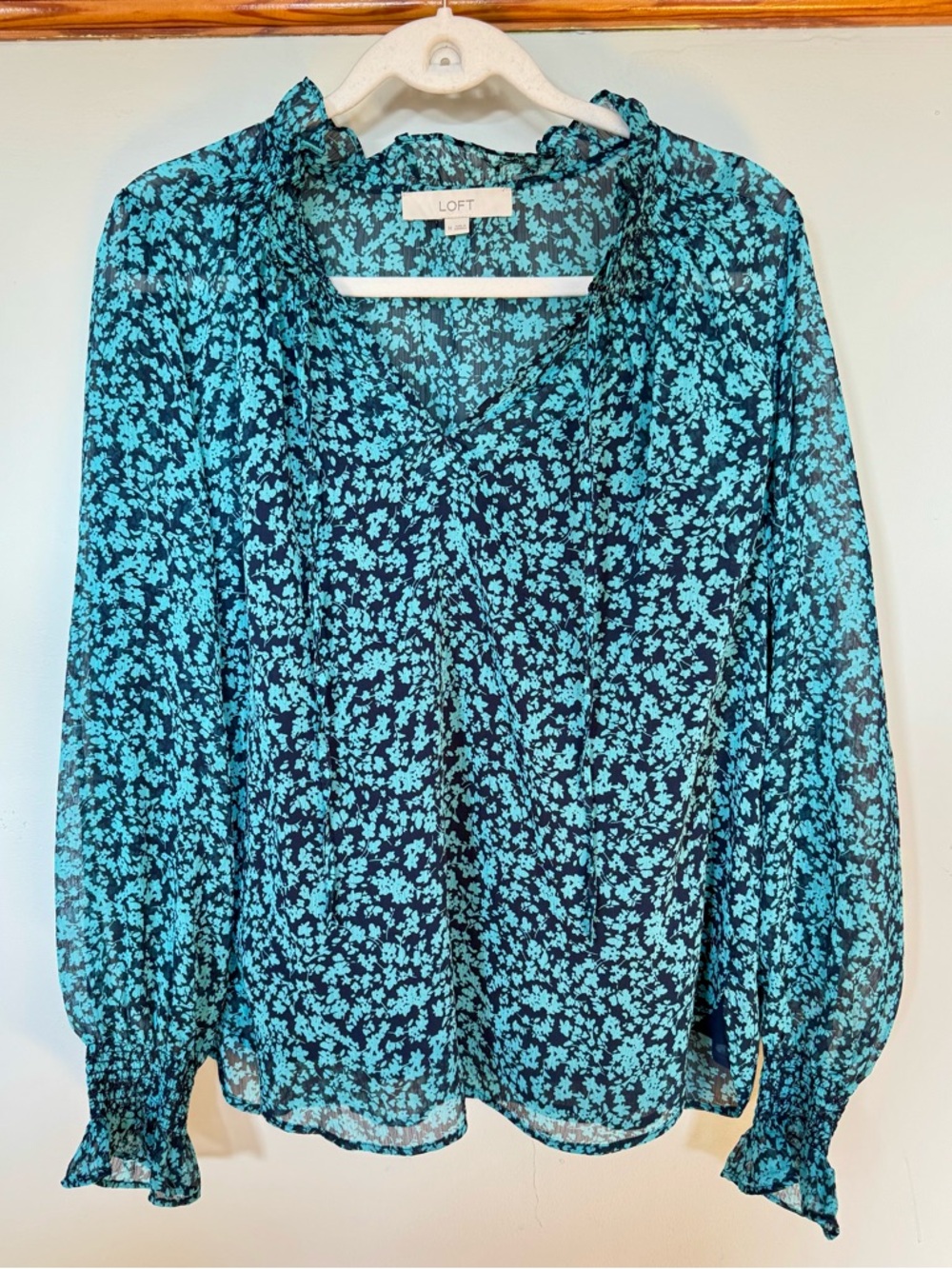 Loft Blue Floral V-Neck Long Sleeve Blouse with Ruffle Sleeve